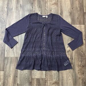 LOGO Lavish Lori Goldstein Crochet Lace Cardigan w Knit Sleeves Purple Size M